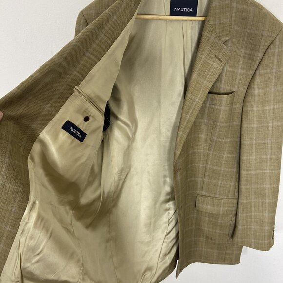 Nautica Men 44L Wool Check Blazer Sports Coat Yellow Green Beige - Picture 3 of 10